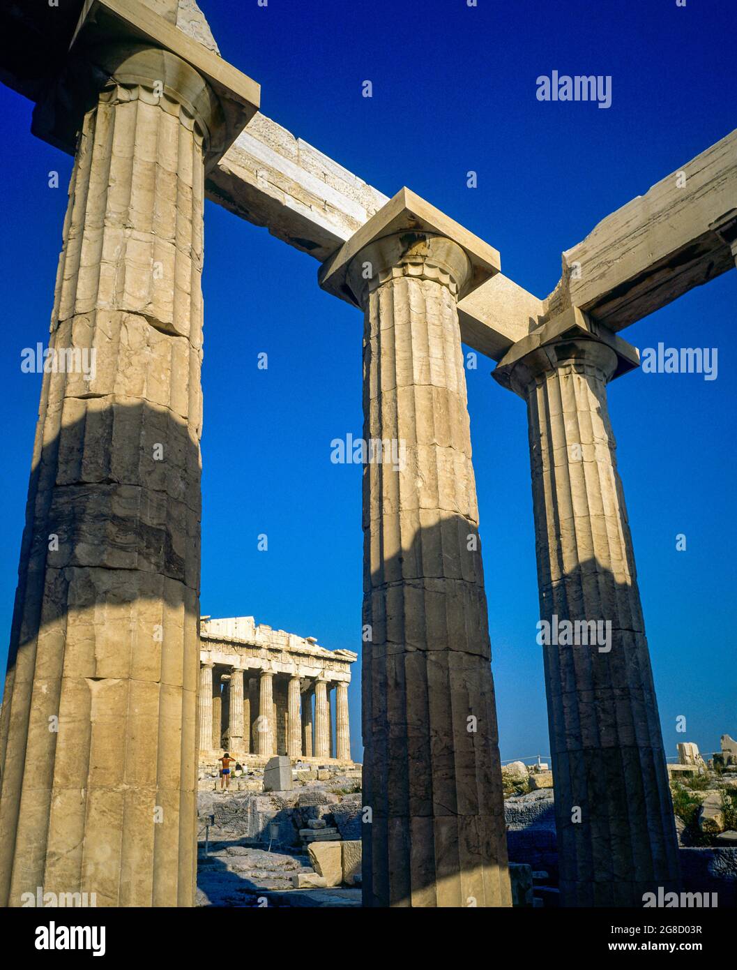 Athens, colonnade with Doric columns, Parthenon temple, Acropolis hill, Attika, Greece, Europe, Stock Photo