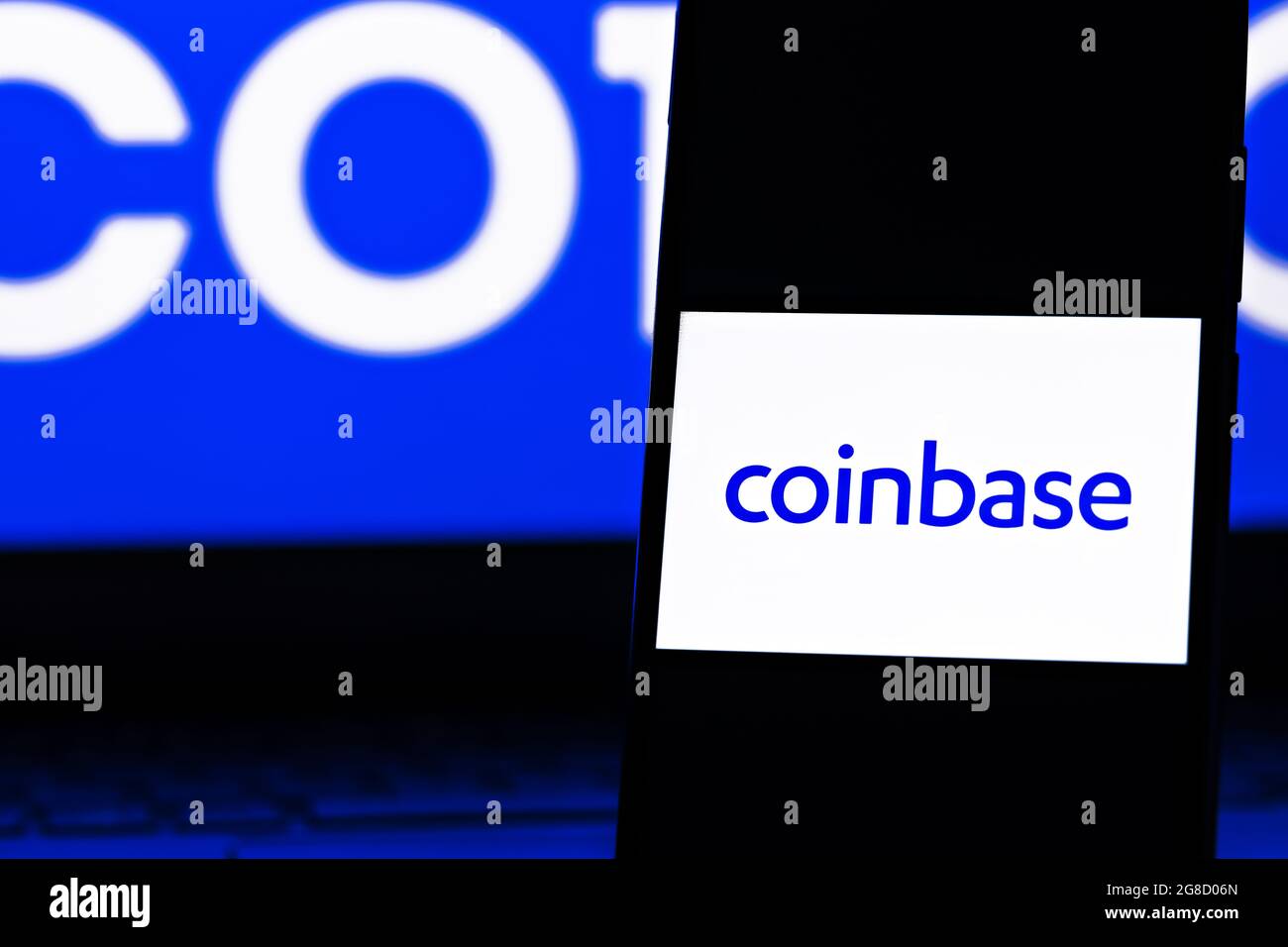 Editorial photo on Coinbase theme.  Illustrative photo for news about Coinbase - a company that operates a cryptocurrency exchange platform Stock Photo