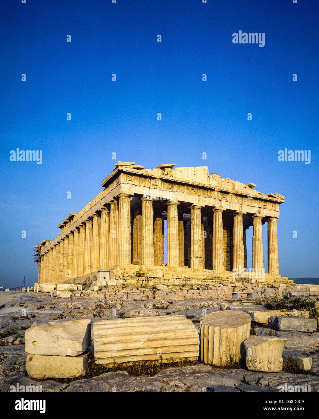 Athens, Parthenon temple at sunset, lying down broken column, Acropolis hill, Greece, Europe, Stock Photo