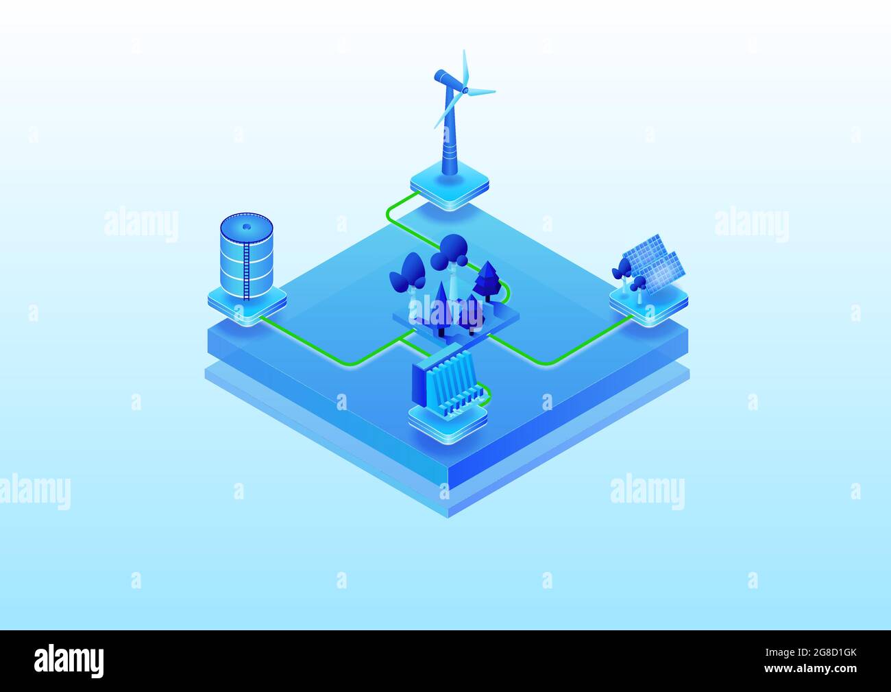 Concept of preserving nature by using renewable energy as 3D isometric vector illustration. Electricity generated by wind turbine, solar panel and wat Stock Vector