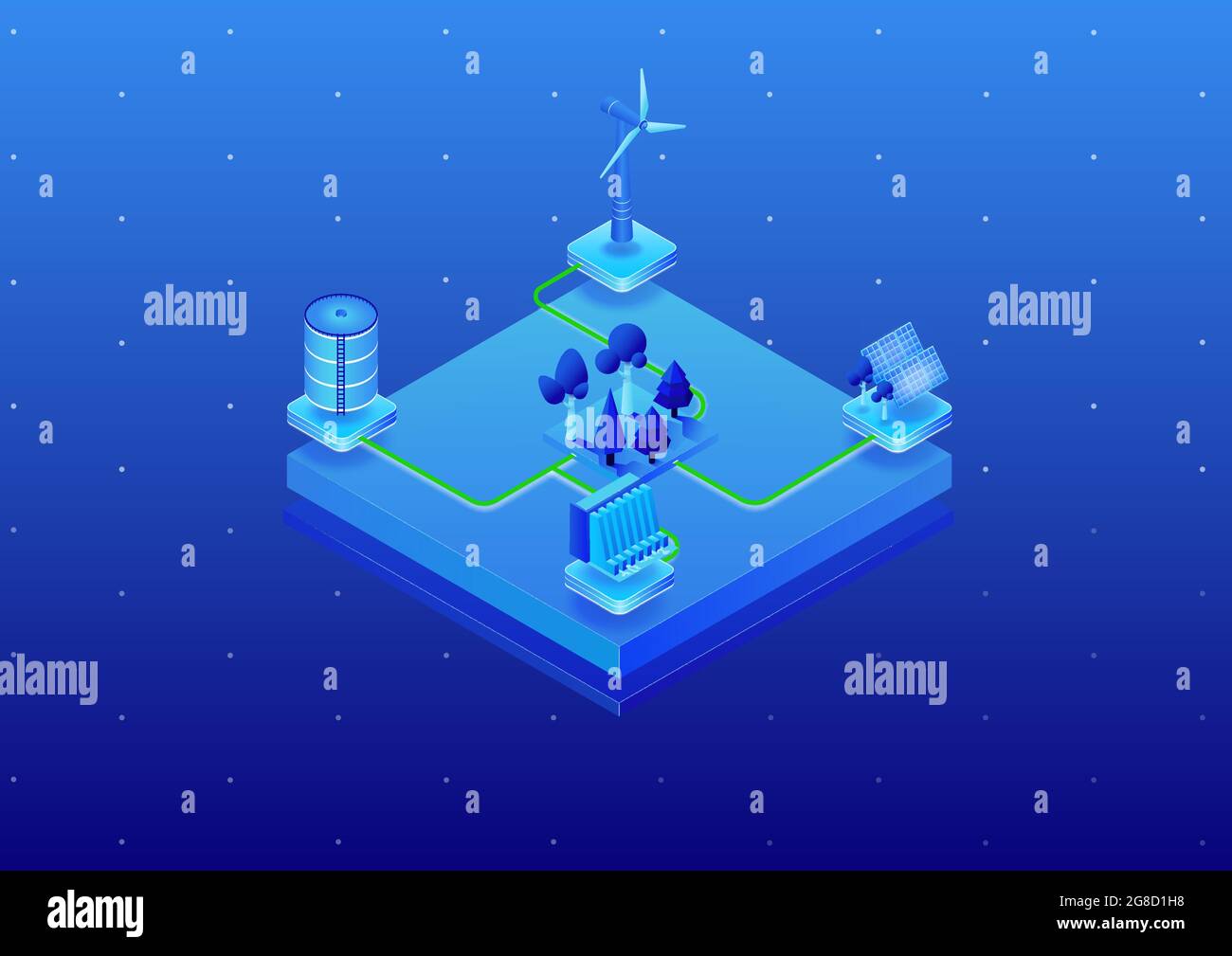 Concept of preserving nature by using renewable energy as 3D isometric vector illustration. Electricity generated by wind turbine, solar panel and wat Stock Vector