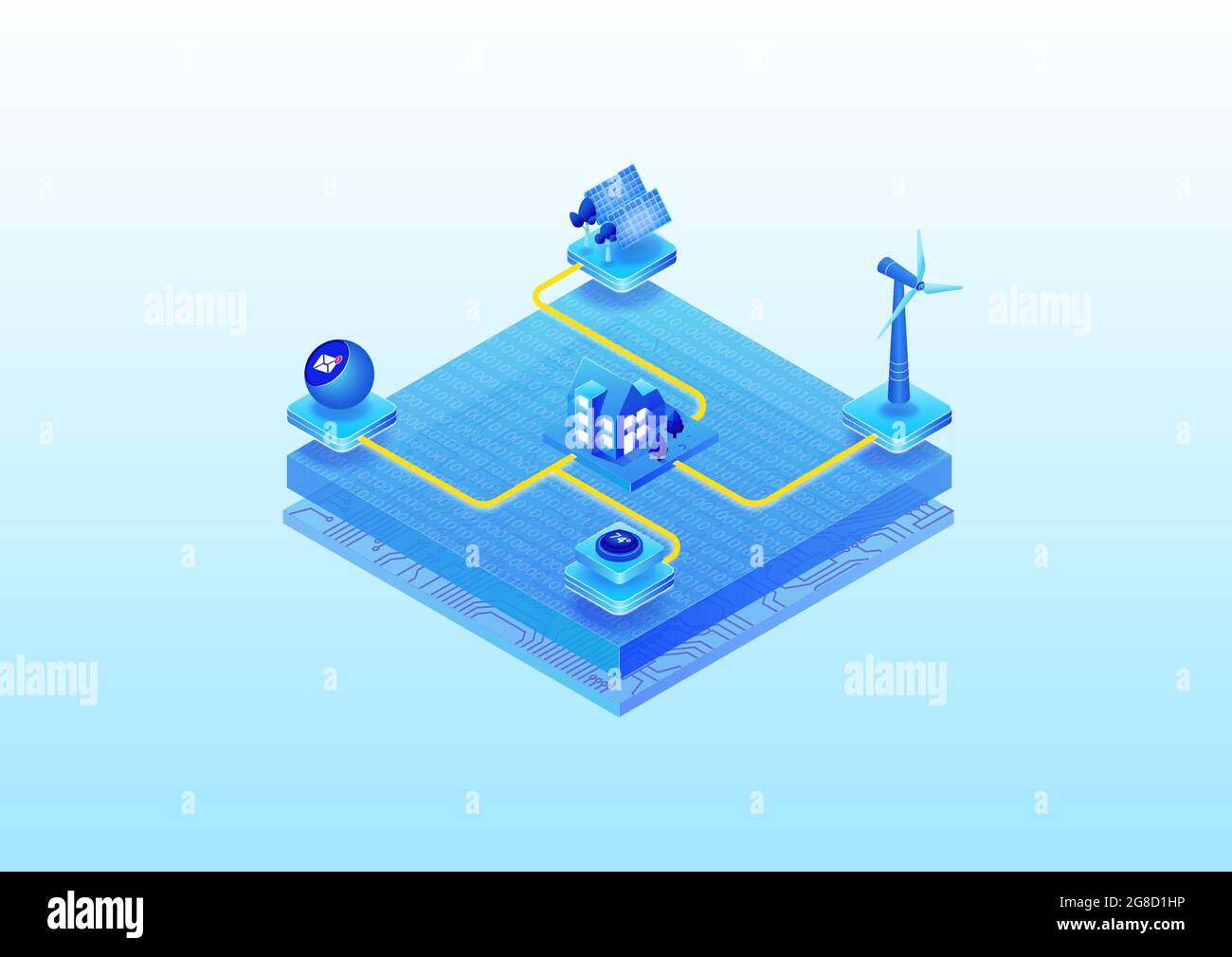 Smart home concept as 3D isometric vector illustration. Home appliances powered by renewable energy sources like solar and wind. Stock Vector