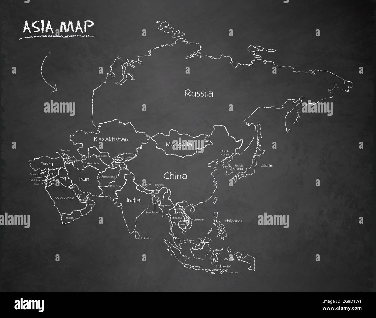 Asia map, separates states and names, design card blackboard, chalkboard vector Stock Vector