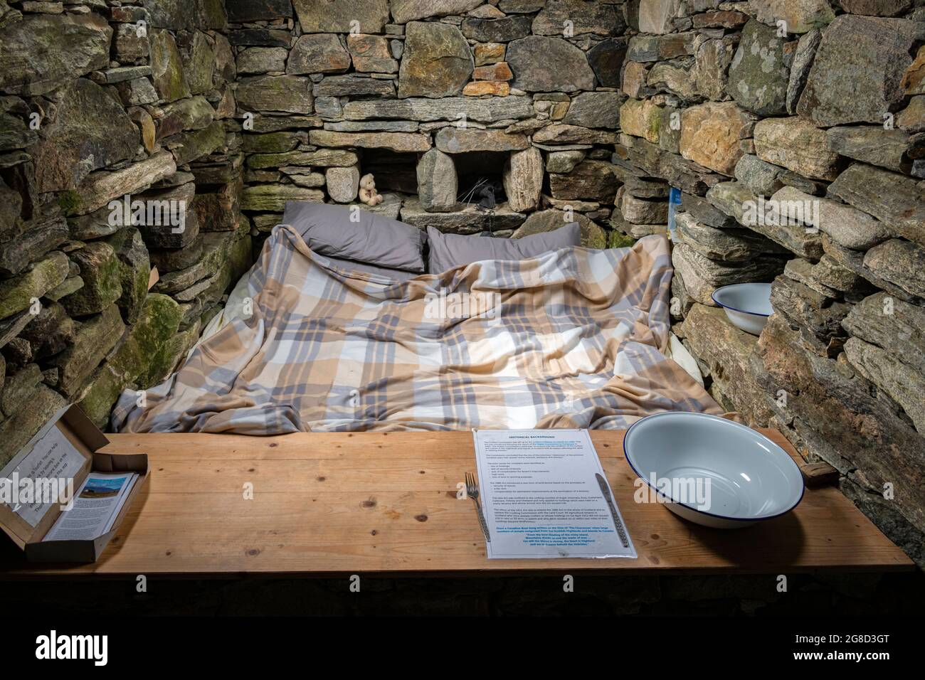 A HDR image of the inside of a Shieling, An Airigh, a summer dwelling for a crofter while watching his stock, Isle of Lewis, Scotland. 30 June 2021 Stock Photo