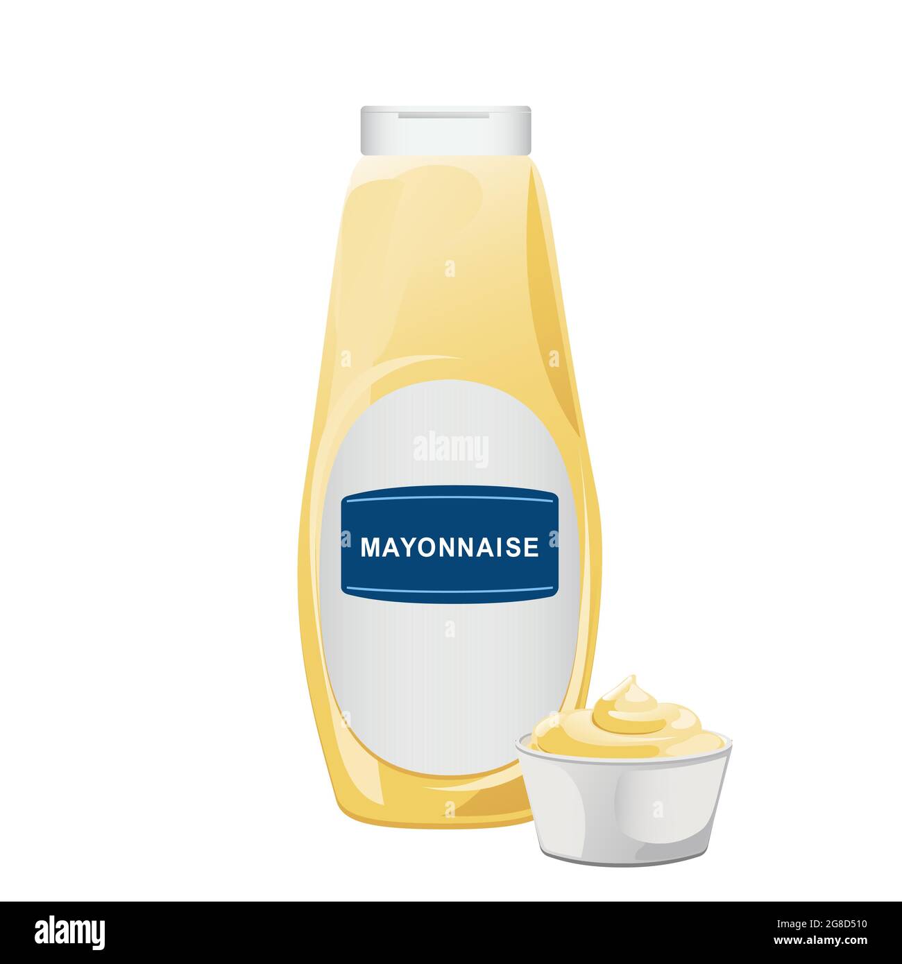 Mayonnaise in glass bottle with ceramic bowl. Jar with white sauce