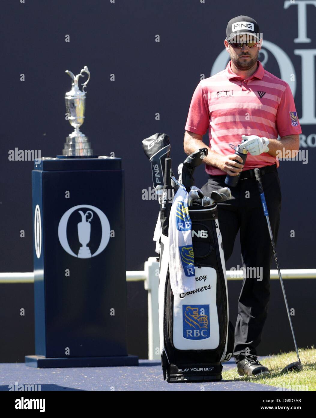 18th July 2021; Royal St Georges Golf Club, Sandwich, Kent, England; The Open Championship Golf, Day Four; Corey Conners (CAN) next to the Claret Jug on the first tee Stock Photo