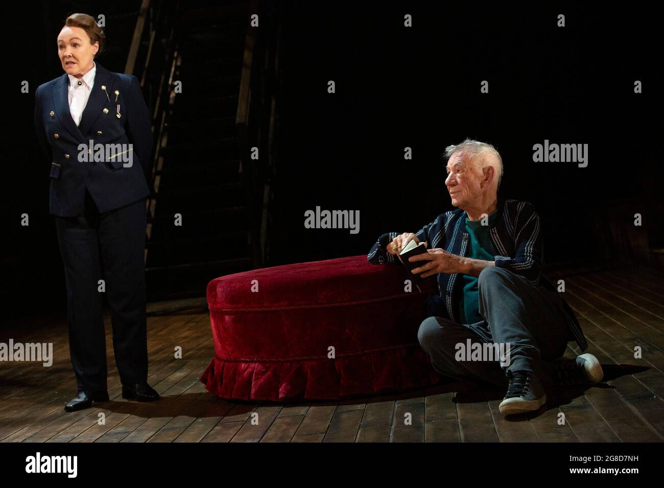 Frances Barber (Polonius), Ian McKellen (Hamlet) in HAMLET by Shakespeare opening at the Theatre Royal Windsor, England on 20/07/2021 set design: Lee Newby  costumes: Loren Epstein  wigs & make-up: Susanna Peretz  lighting: Zoe Spurr  director: Sean Mathias Stock Photo