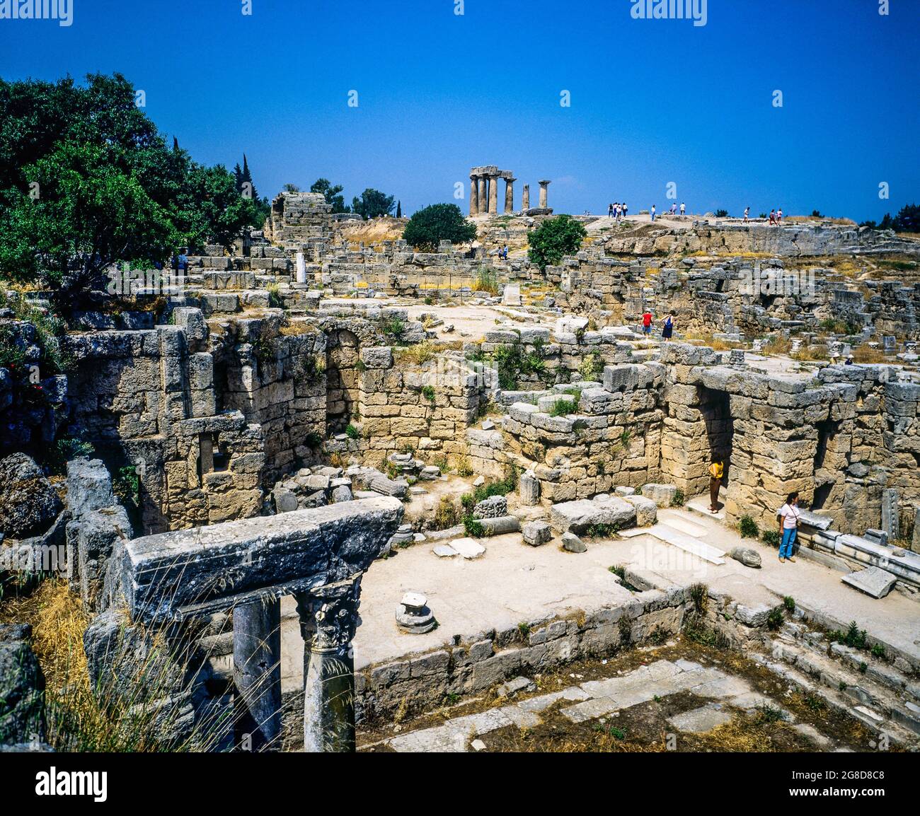 Peirene fountain, Temple of Apollo in the distance, Ancient Corinth, Corinthia, Peloponnese, Greece, Europe, Stock Photo