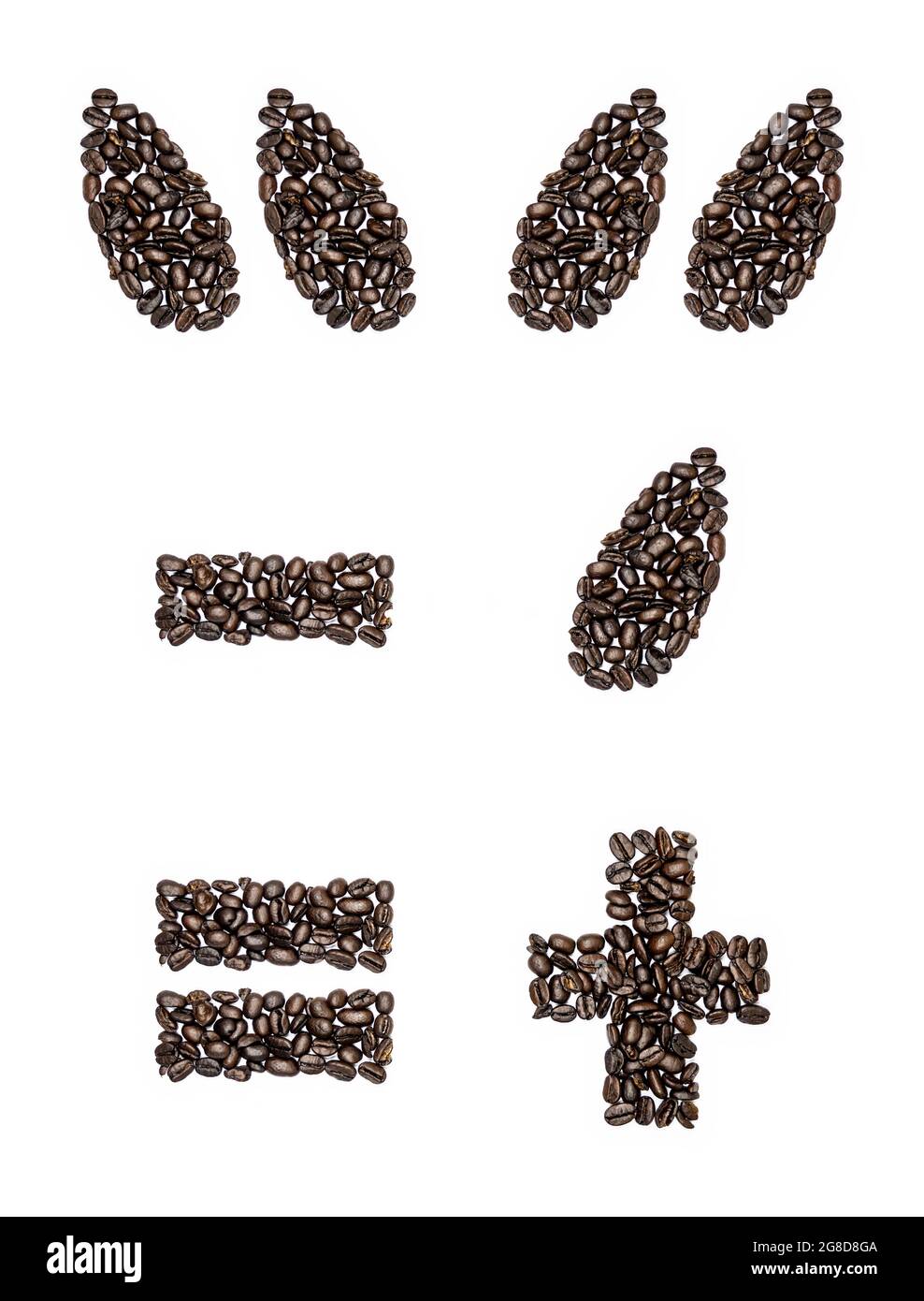 Coffee Bean Plus, Minus, Equals, Quotation Marks and Apostrophe  Coffee Beans carefully arranged to create Plus, Minus, Equals, Quotation Marks and Ap Stock Photo