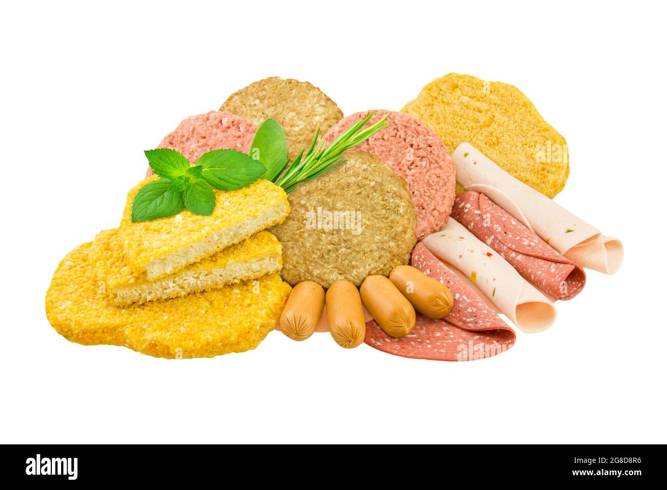 Vegetarian and vegan meat substitutes isolated on white background