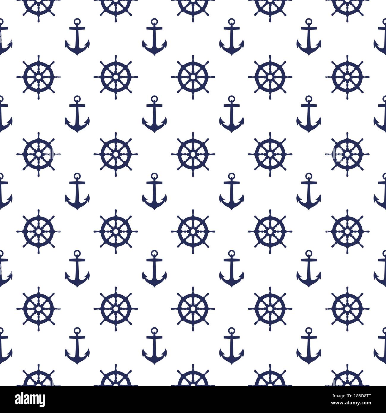 Seamless nautical pattern with anchors and steering wheels. Design element for wallpapers Stock Vector