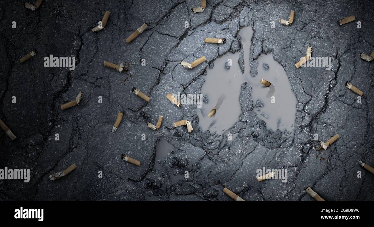 Smoking and lung damage as a medical concept with cigarettes as a street puddle shaped as a human breathing organ as nicotine addiction and smoking. Stock Photo