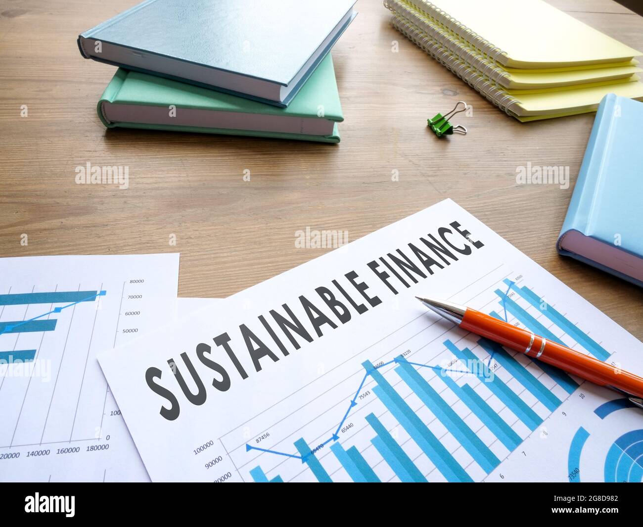 Sustainable finance words and business graphs for company strategy. Stock Photo