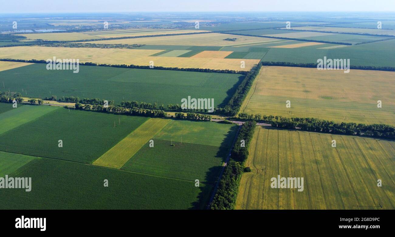 Aerial drone view flight over different agricultural fields sown Stock Photo