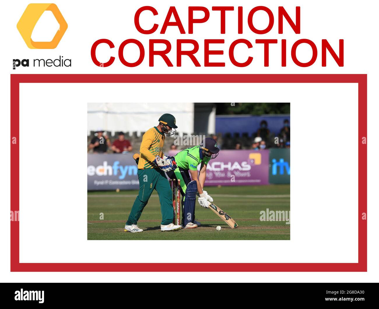ATTENTION PICTURE EDITORS, CHIEF SUBS AND PICTURE LIBRARIANS: Caption correction for these images transmitted on the PA Wire earlier today slugged CRICKET Ireland amending the name of the Ireland player. Corrected versions have been transmitted on the PA Wire. Corrected caption should read: Ireland's Lorcan Tucker after being dismissed by South Africa's George Linde during the Twenty20 International match at The Village, Dublin. Picture date: Monday July 19, 2021. Stock Photo