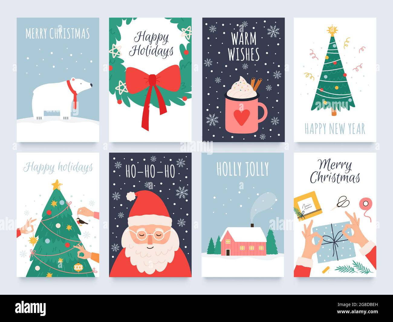 Scandinavian christmas cards. Cozy winter holiday, noel and new year celebrations with cute santa, polar bear and tree decoration vector set Stock Vector