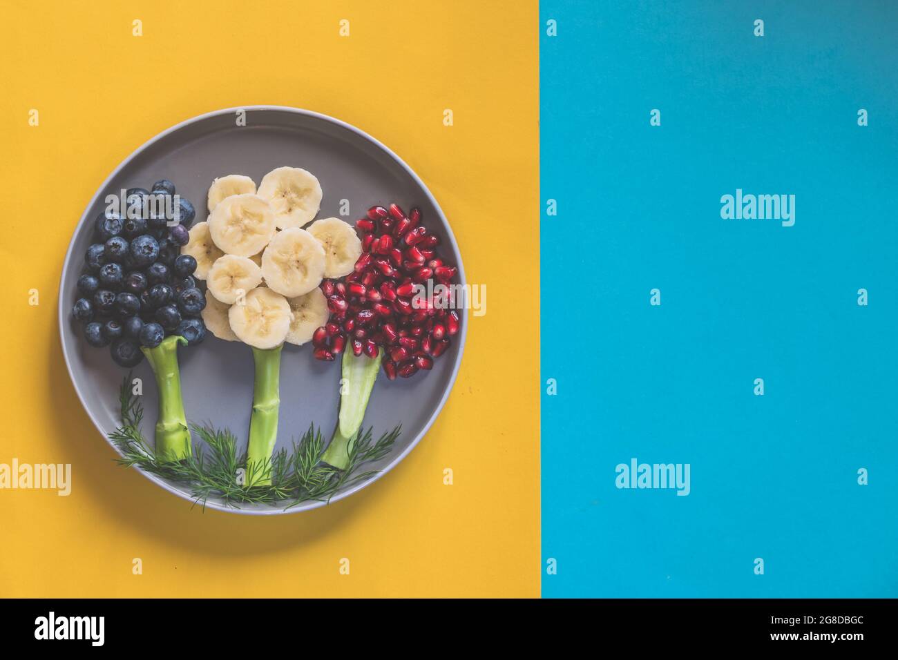 fruit trees on the plate made from banana, blueberries, pomegranate apples isolated on blue and yellow backgrounds Stock Photo