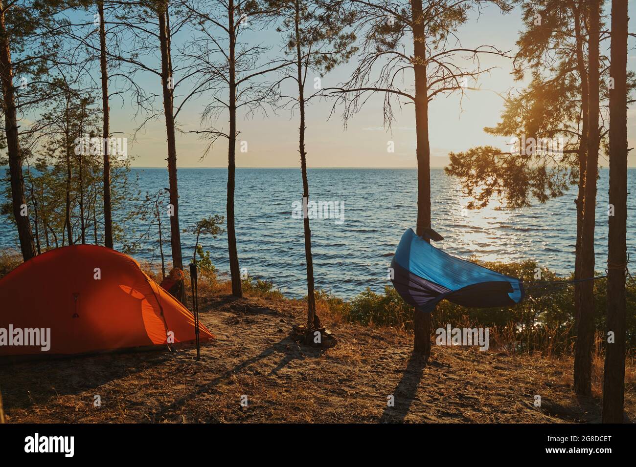 Tent and blue hammock among the trees Stock Photo