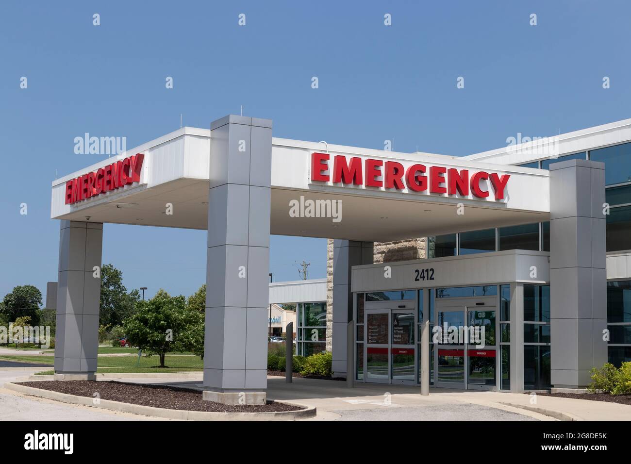 Plainfield - Circa July 2021: Ascension St. Vincent Plainfield Hospital emergency entrance. Stock Photo