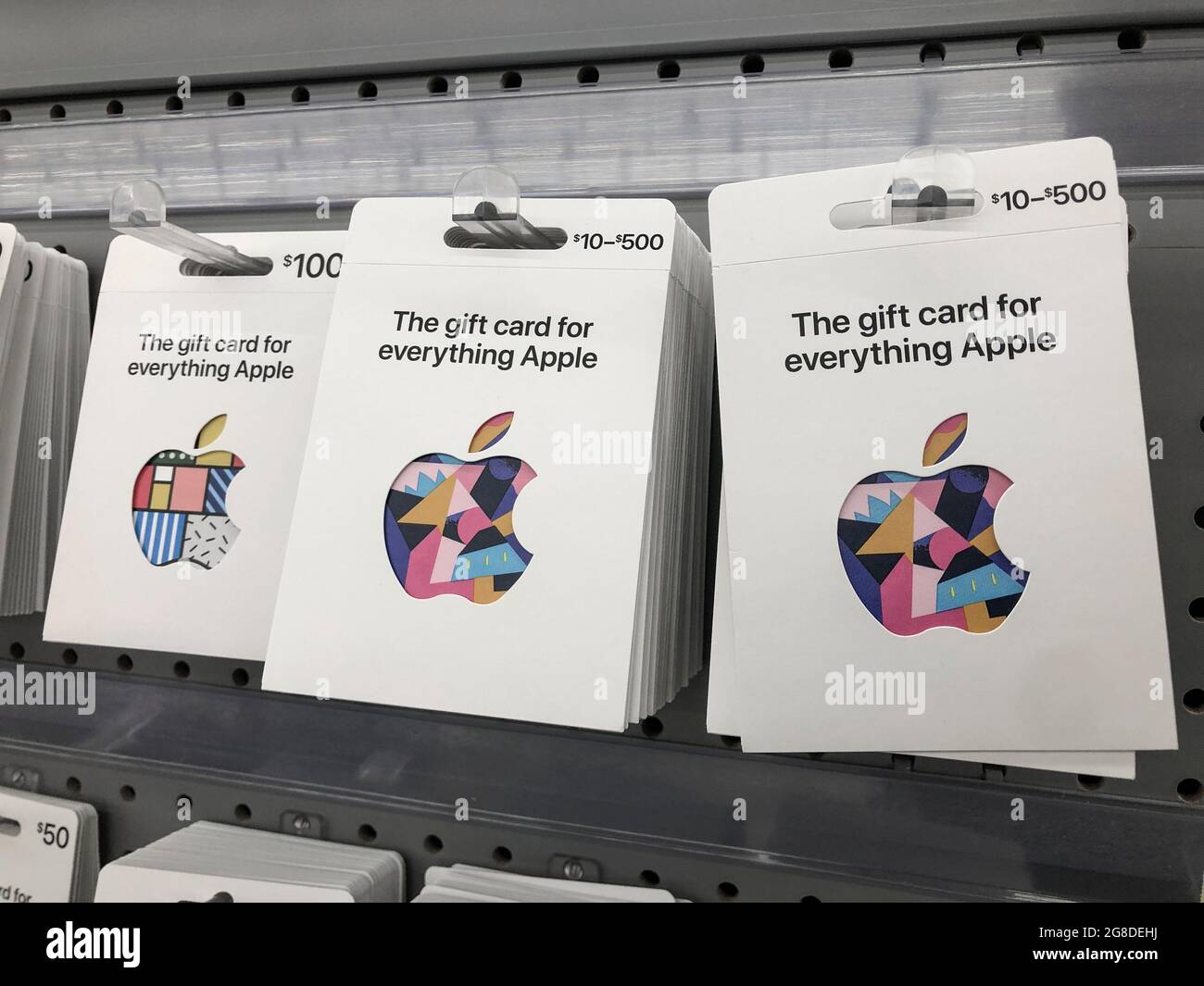 Indianapolis - Circa July 2021: Apple Store gift cards. Apple Store gift cards are accepted for iPhone, iMac or Apple Watch accessories. Stock Photo