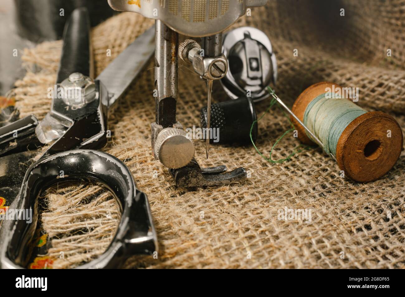 Sewing machine. Needle and thread. Thimble. Scissors. Sewing tools for ...
