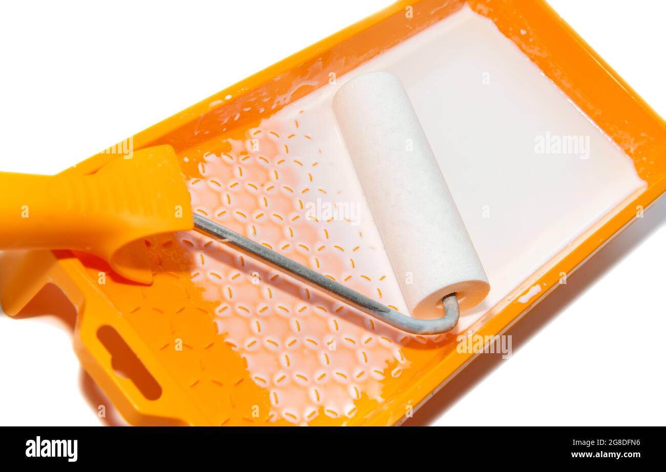 Paint with a roller in the tray. Varnish, enamel, paint. Painting works