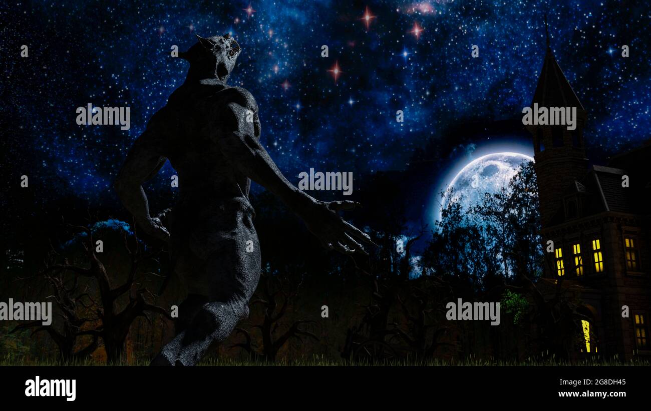 Illustration of a werewolf during the full moon near a house in the ...