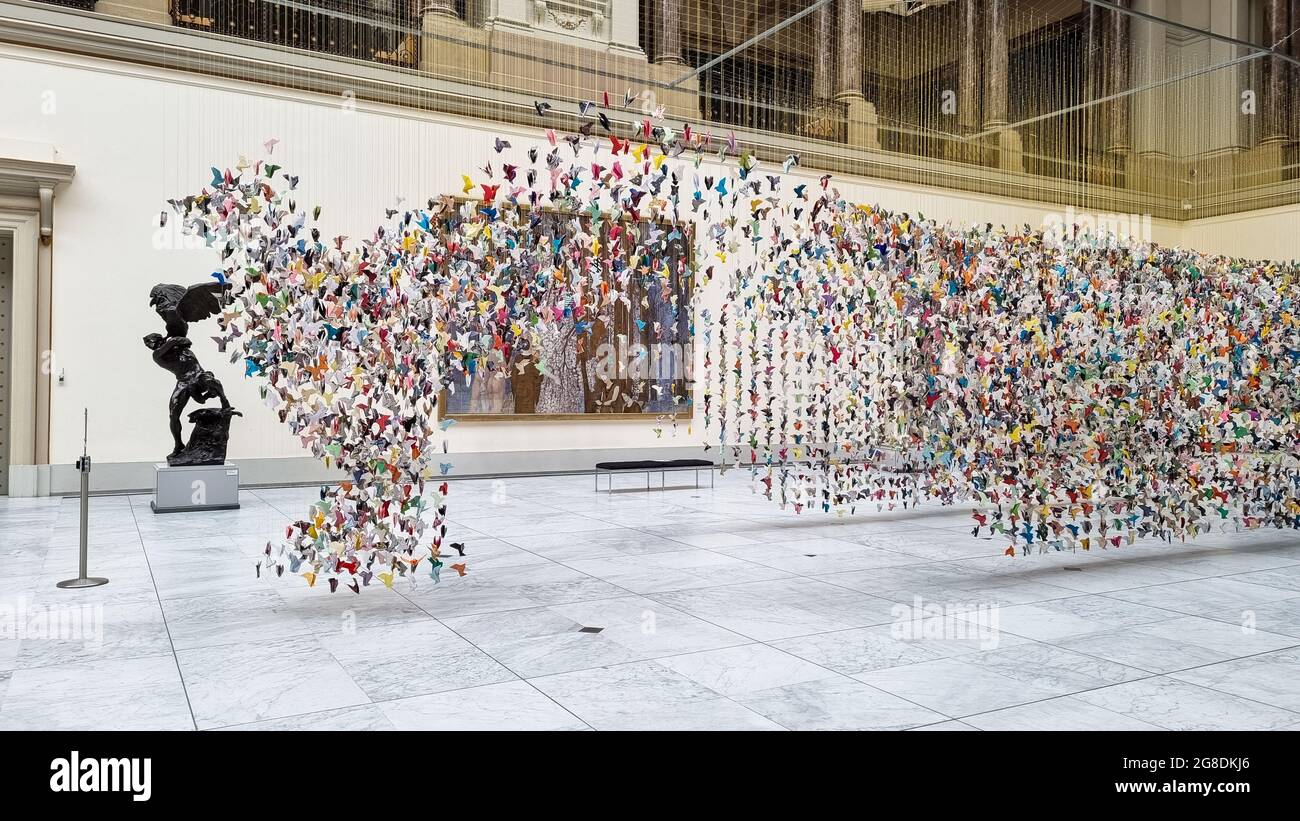 Royal Museums of Fine Arts in Brussels art,  installation by Charles Kaisin origami 20.000 birds  « Origami for life ». July 2021. Stock Photo