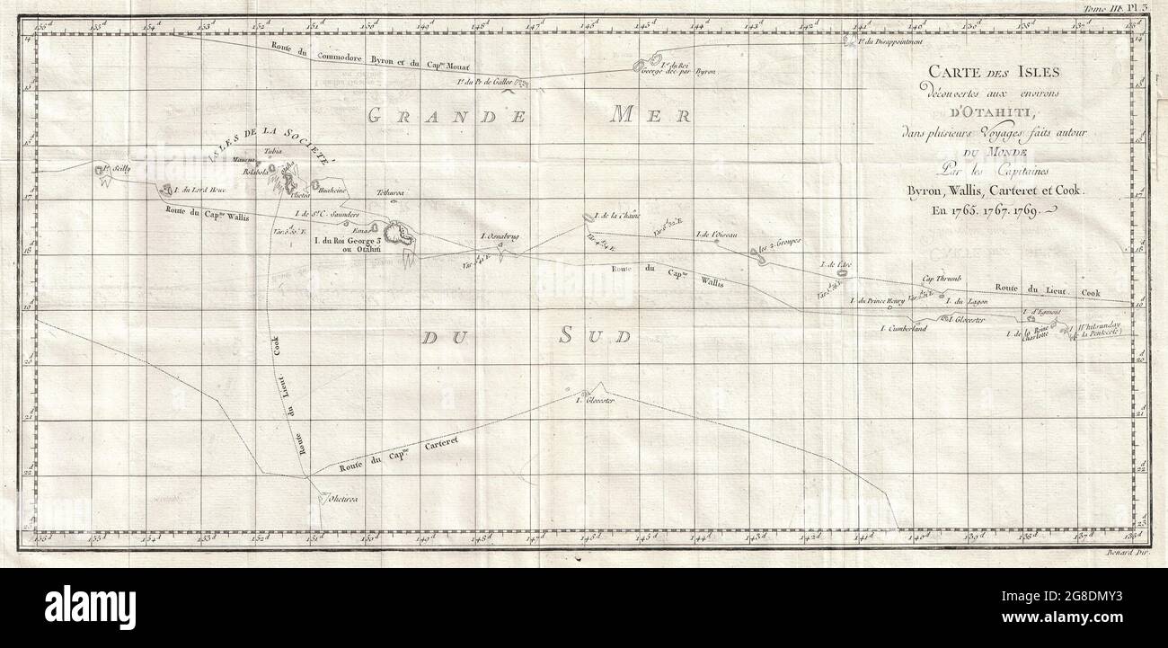 map shows the explorations of Captain Cook, Captain Byron, Captain Wallis and Captain Carteret in the vicinity of Tahiti and the Society Islands from 1765 to 1769. From Is. Scilly  in the west and to I. Whitsunday de la Pentecote  in the east, from Is. du Disappointment  in the north to Ohetiroa in the south. Features the routes taken by these explorers. Depicts the island of Tahiti , Bora Bora , Otaha, Marma, Ulietea, and others. Date 1769 Stock Photo