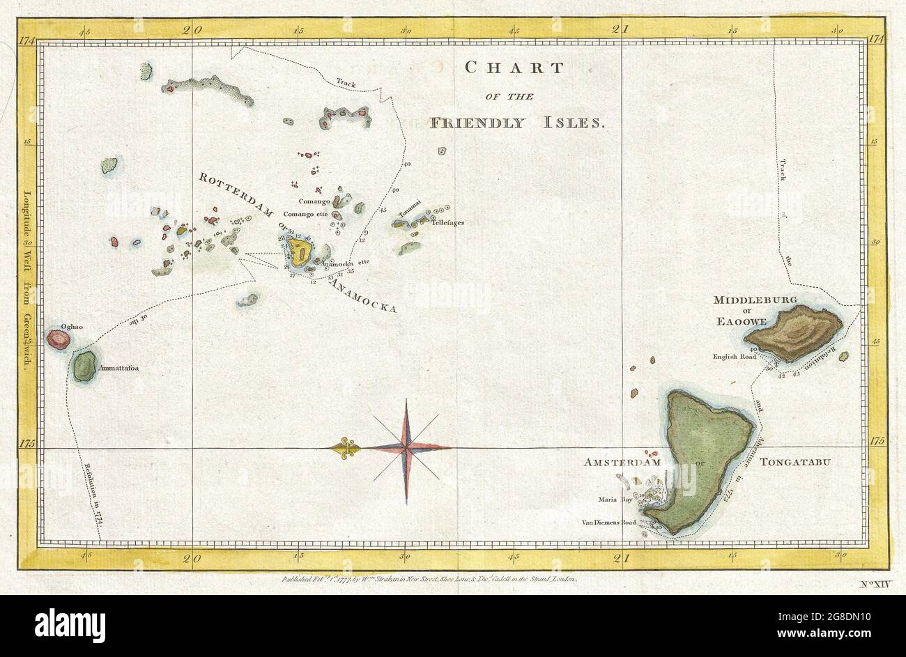 Chart of the Friendly Islands, or Tonga, from 1777. Oriented to the East,  this map depicts the Tongatapu Island Group and the Ha'Apai Group that make  up the Kingdom of Tonga. Shows