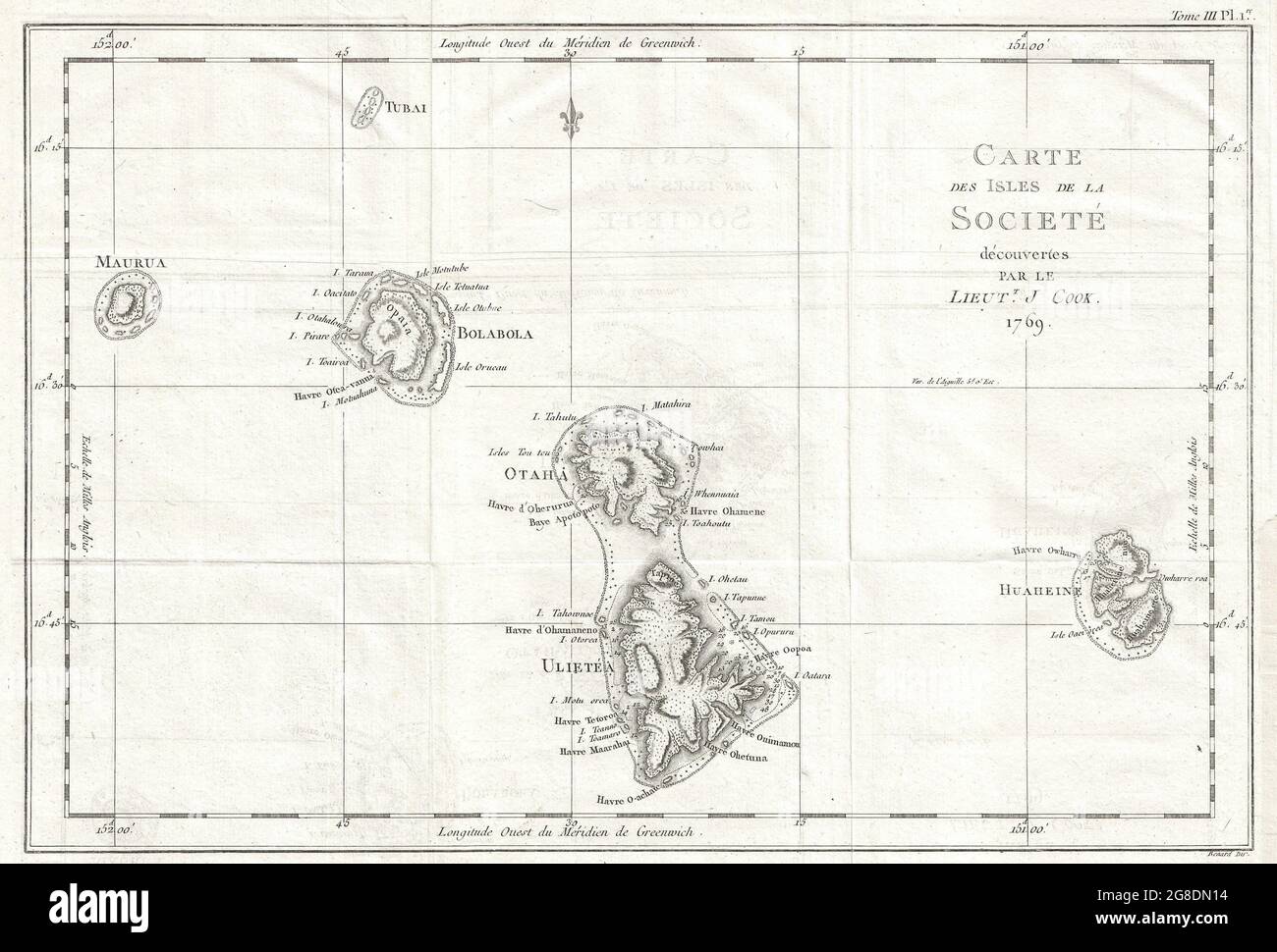map of the Society Islands, composed by James Cook on his first voyage. Consists of the islands of Maurua, Tubai, Bolabola, Otaha, Ulietéa and Huaheine. This group was identified by Cook in 1769, when he wrote in his journal, 'So call'd by the Natives and it was not thought advisable to give them any other names but these three together with Huaheine, Tubai, and Maurua as they lay contiguous to one another I have named Society Isles.' Offers considerable detail on each of the island, attempting to show reefs, mountains, valley, topographical features and, occasionally, depth soundings. Stock Photo