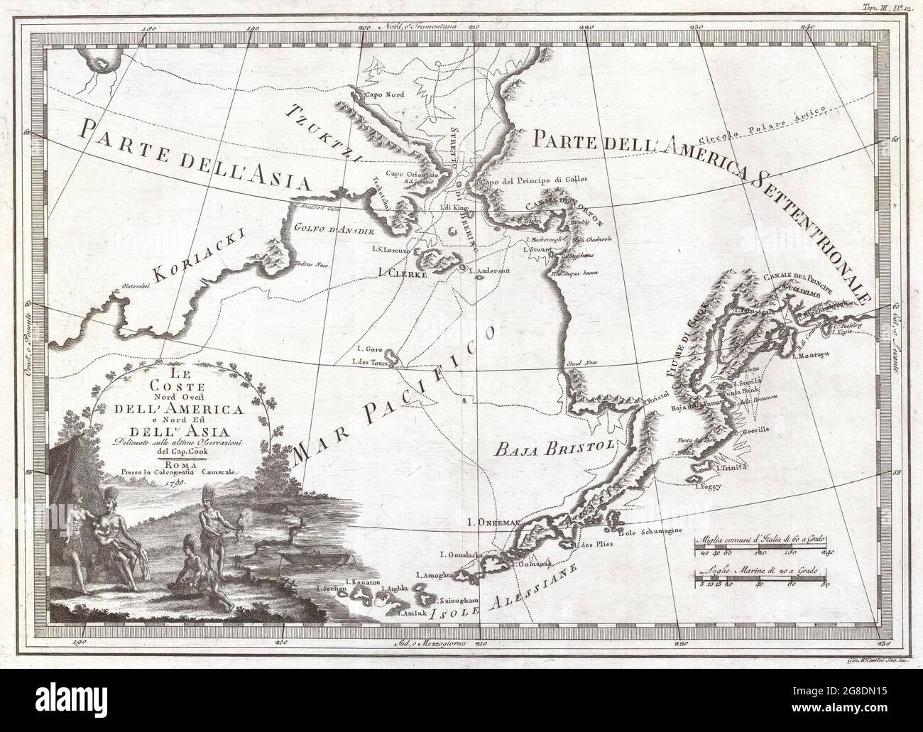 Cassini's 1798 map of Alaska, the Bering Strait, and Siberia. Cassini issued this map in his 1798 atlas to illustrate the discoveries made by James Cook. Stock Photo