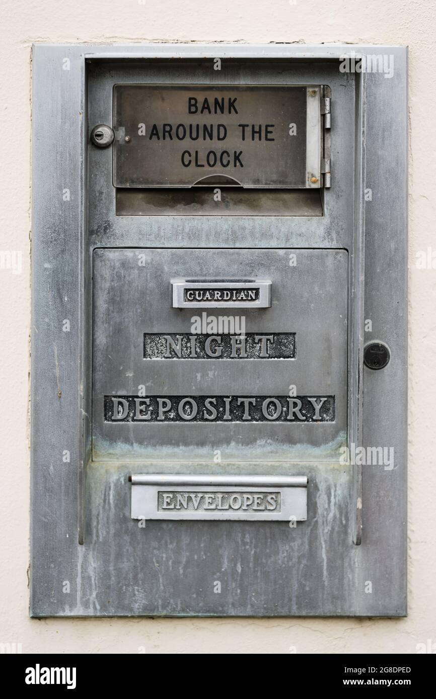 Duvall, WA, USA July 16, 2021; A Vintage disused Guardian Night Depository box on the outside