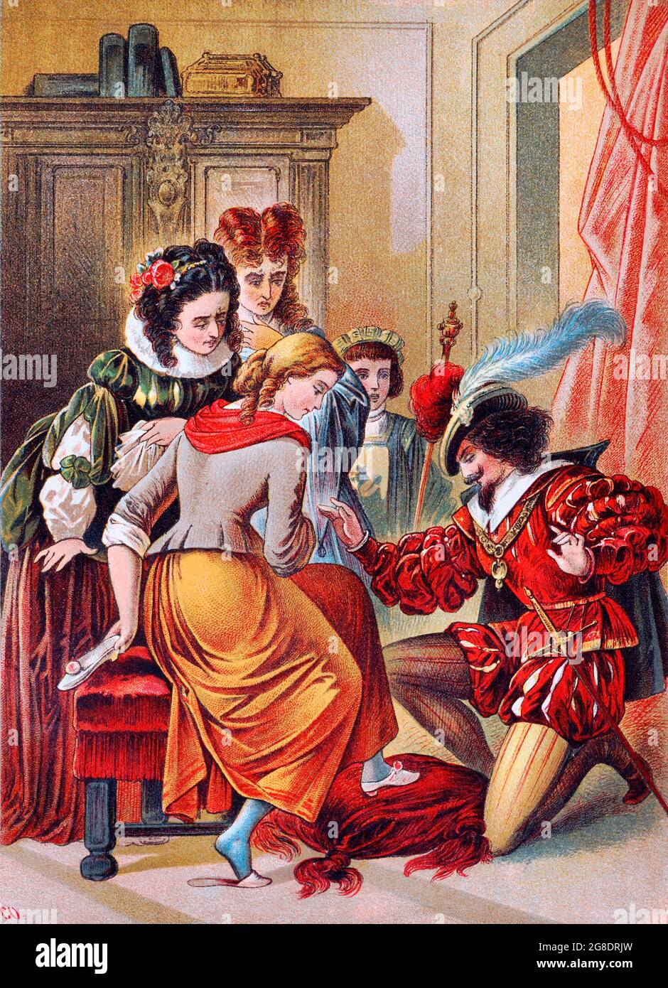 Cinderella tries on the glass slipper, illustration by Carl Offterdinger Stock Photo