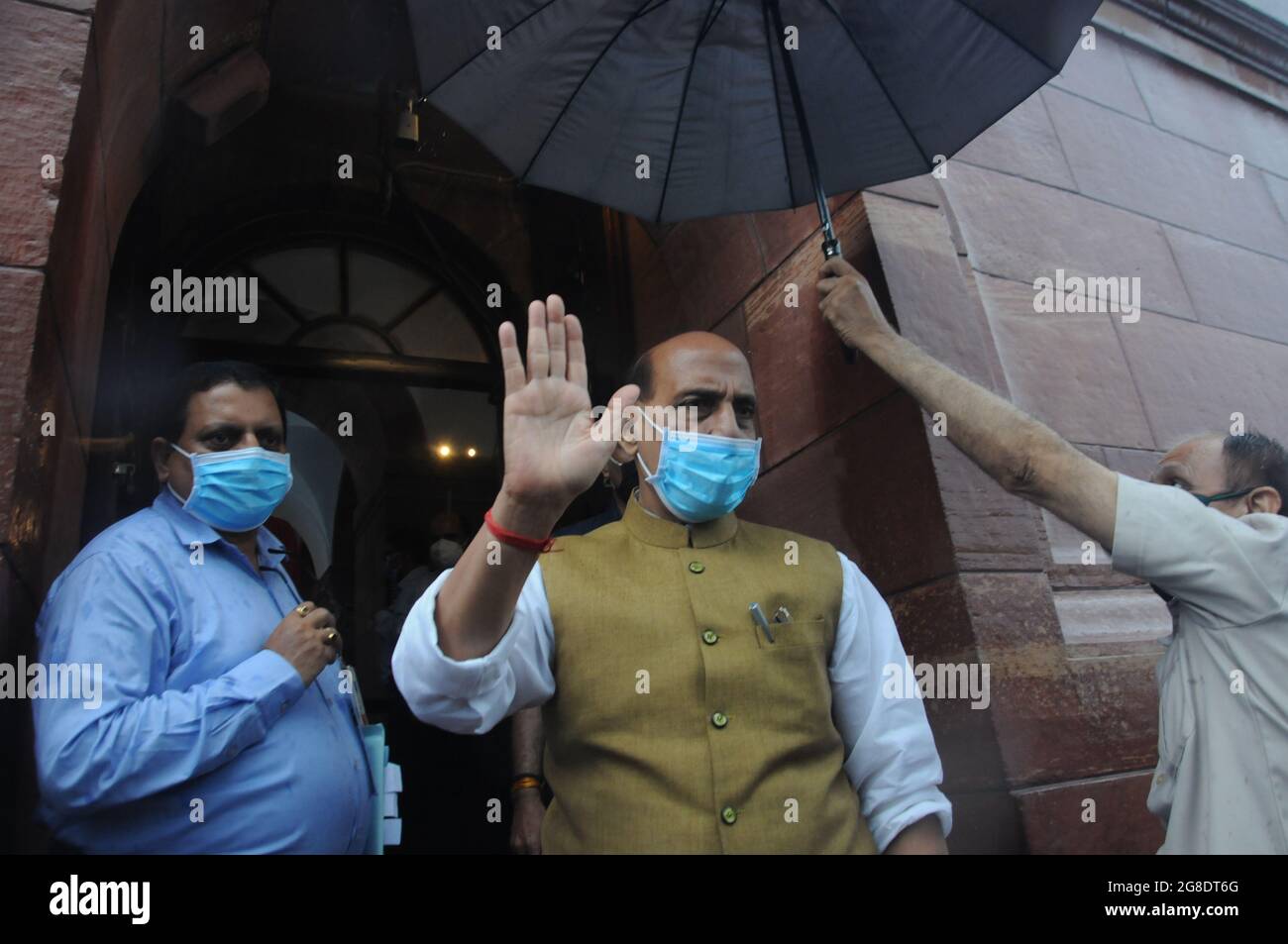 New Delhi, India. 19th July, 2021. Indian defence Minister Rajnath Singh talks to media persons on the first day of the Monsoon Session of the Parliament in New Delhi on Monday July 19, 2021, Photograph by Sondeep Shankar/ Pacific Press (Photo by Sondeep Shankar/Pacific Press) Credit: Pacific Press Media Production Corp./Alamy Live News Stock Photo