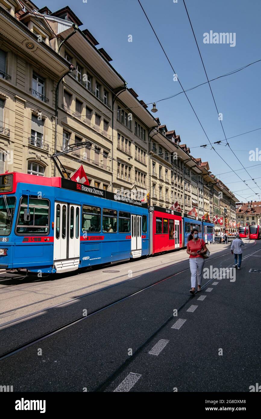 Trams in a Busy Pedestrian Small Street - City Center of Bern ...