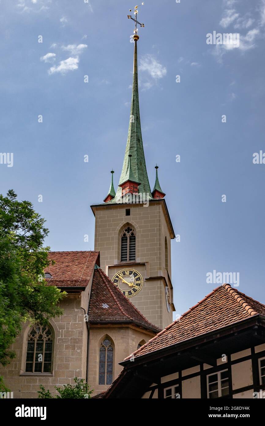 Nydeggkirche Church Tower and Traditional Timber Houses - City Center of Bern, Switzerland - UNESCO Heritage Stock Photo