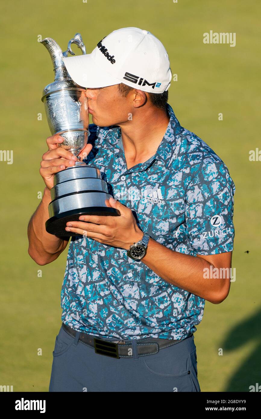 Colin Morikawa of the USA celebrates winning the The 149th Open Championship by lifting the Claret Jug trophy Stock Photo