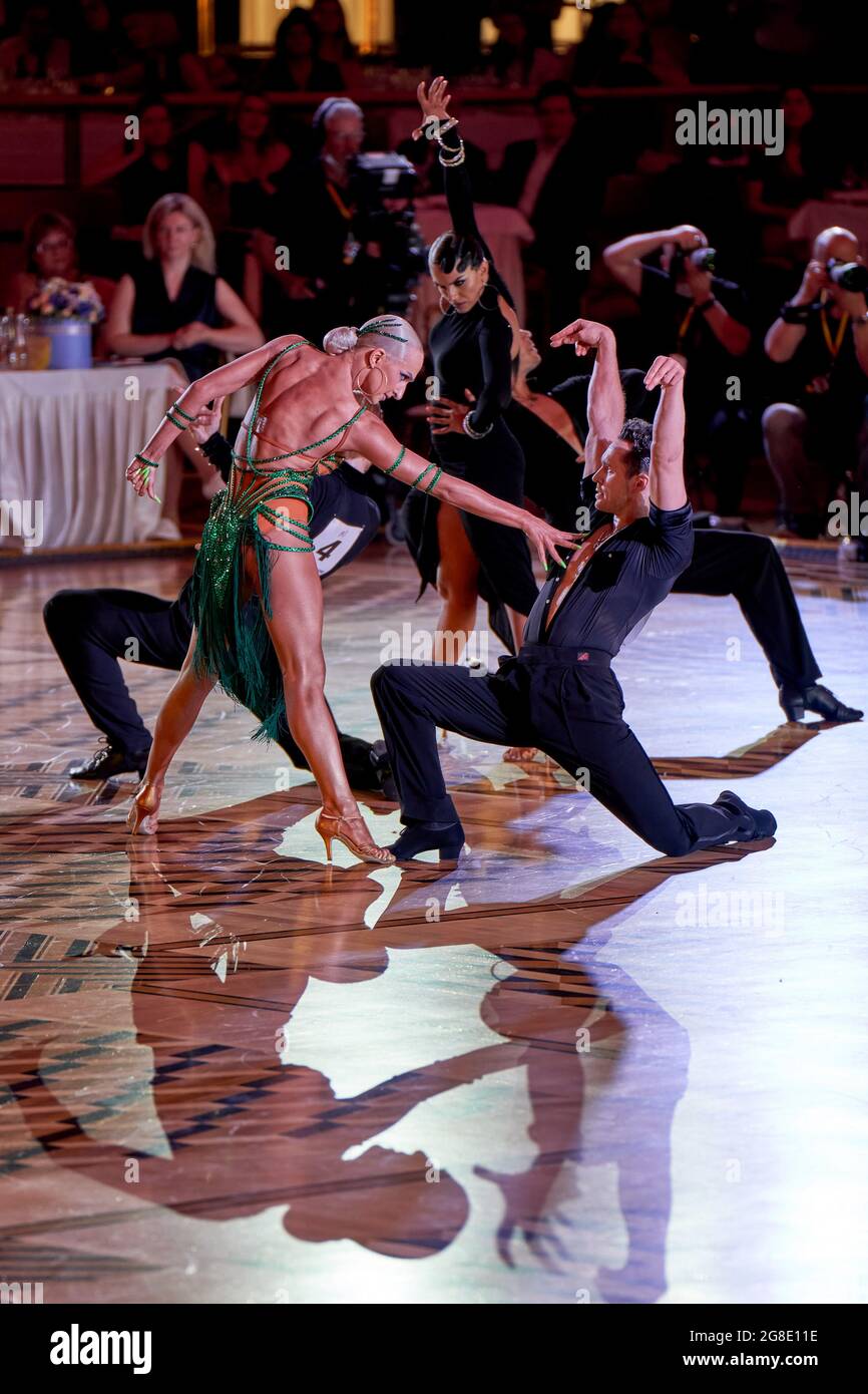 Moscow, Russia. 17th July, 2021. A couple performs a spectacular final of the Paso Doble during the 2021 Latin America Dance World Cup among professionals and amateurs in Moscow. (Photo by Mihail Siergiejevicz/SOPA Images/Sipa USA) Credit: Sipa USA/Alamy Live News Stock Photo