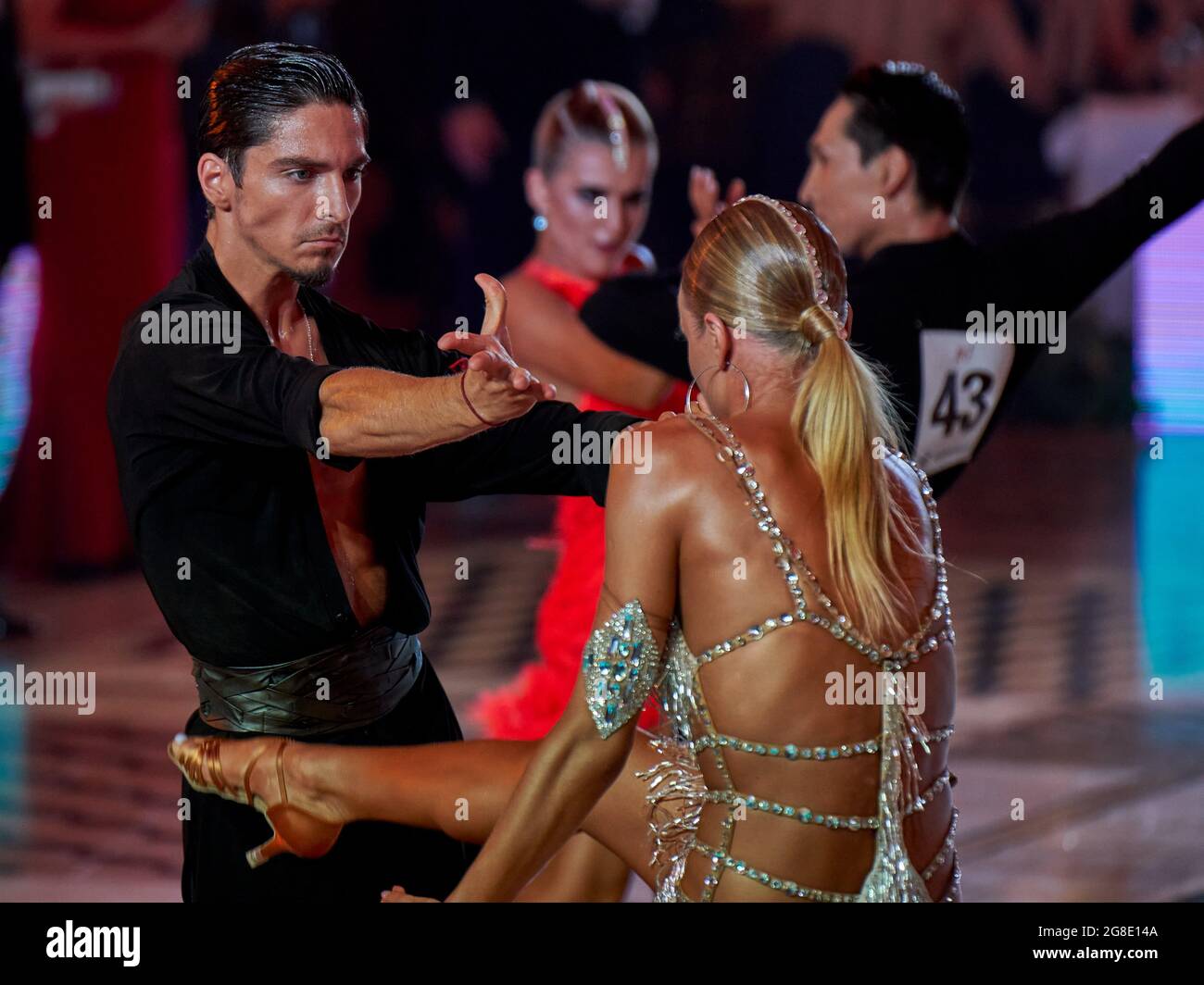 Moscow, Russia. 17th July, 2021. An incredible paso doble performance during the 2021 Latin America Dance World Cup among professionals and amateurs in Moscow. (Photo by Mihail Siergiejevicz/SOPA Images/Sipa USA) Credit: Sipa USA/Alamy Live News Stock Photo