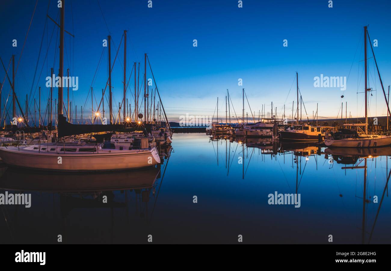 Sailboats Docked in Marina During Blue Hour with Reflection Stock Photo ...