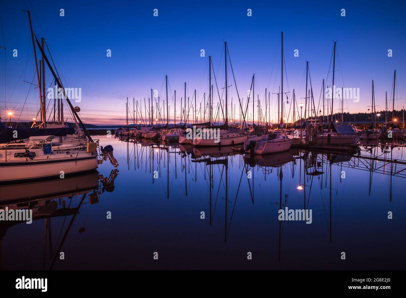 Sailboats with Reflection in Still Water at Marina During Blue Hour ...