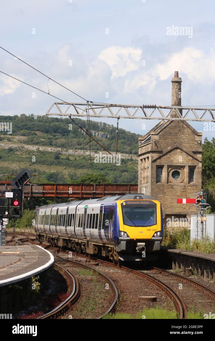 Northern civity diesel multiple-unit train arriving Carnforth railway station with Barrow-in-Furness to Manchester Airport service, 19th July 2021. Stock Photo