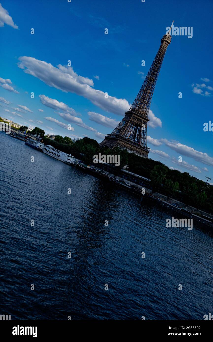 Europe - France, capital city Paris: A view of the world famous Eiffel Tower from the Paris canal, the tower is located on the Champ de Mars in Paris. Stock Photo