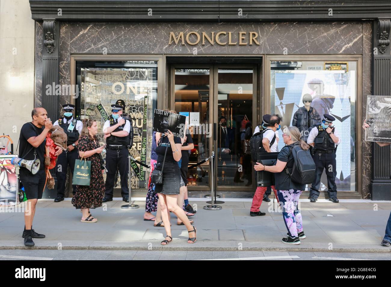 London, UK. 17 Jul 2021. First Anti-Fur protest outside MONCLER on Old Bond  Street organized by We Stand For the Animals. Credit: Waldemar Sikora Stock  Photo - Alamy
