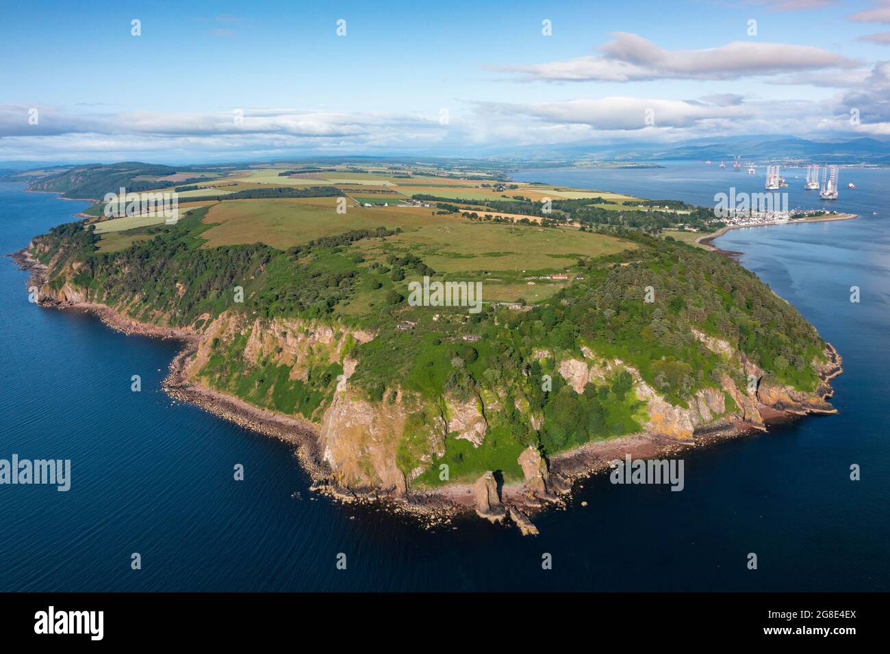 Aerial view from drone of Sutors of Cromarty headland at entrance to Cromarty firth in Ross and Cromarty, Scotland Uk Stock Photo