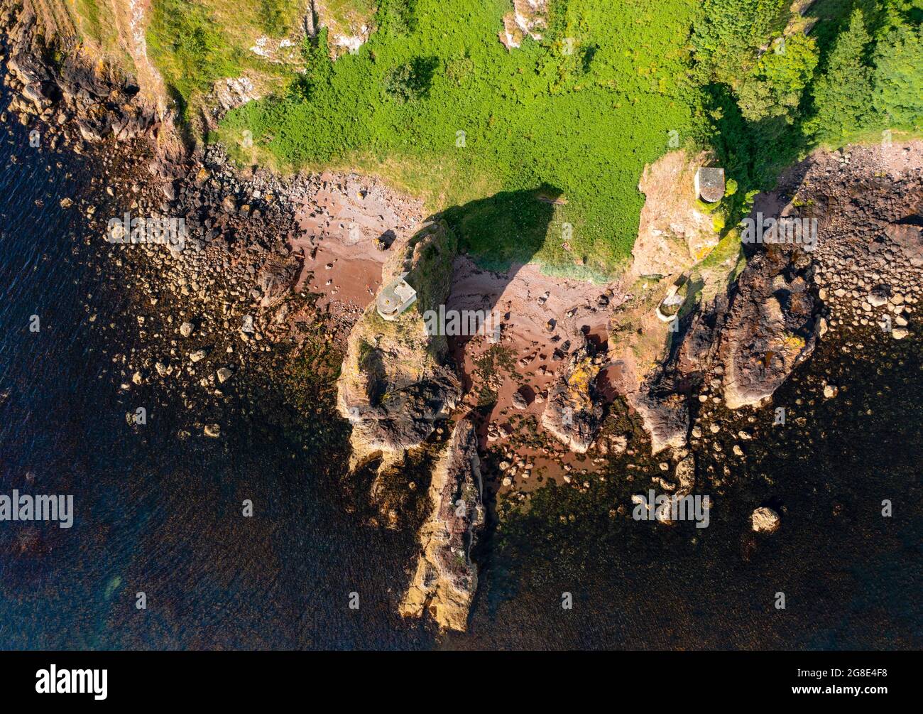 Aerial view of WWII coastal defences batteries at South Sutor of Cromarty headland at entrance to Cromarty firth in Ross and Cromarty, Scotland Stock Photo