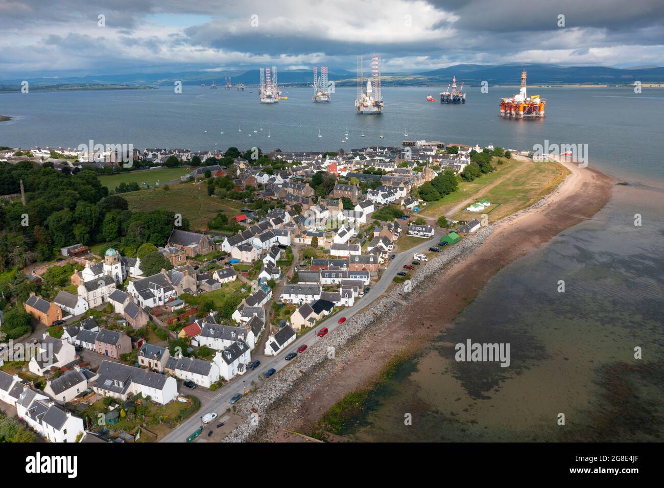 Aerial view from drone of Cromarty village on Black Isle on Cromarty Firth, Ross and Cromarty, Scotland, UK Stock Photo
