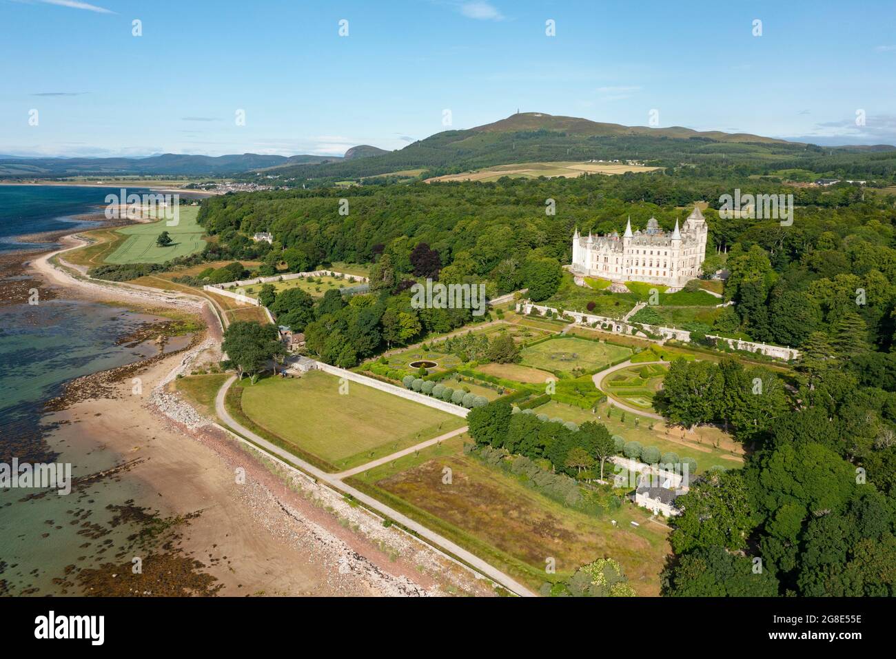 Aerial view from drone of Dunrobin Castle in Sutherland, Scotland, UK Stock Photo
