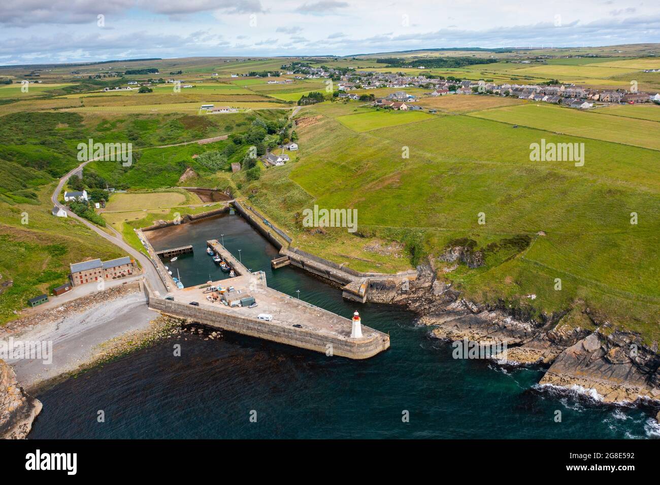 Aerial view from drone of harbour at Lybster on coast of Caithness, Scotland, UK Stock Photo